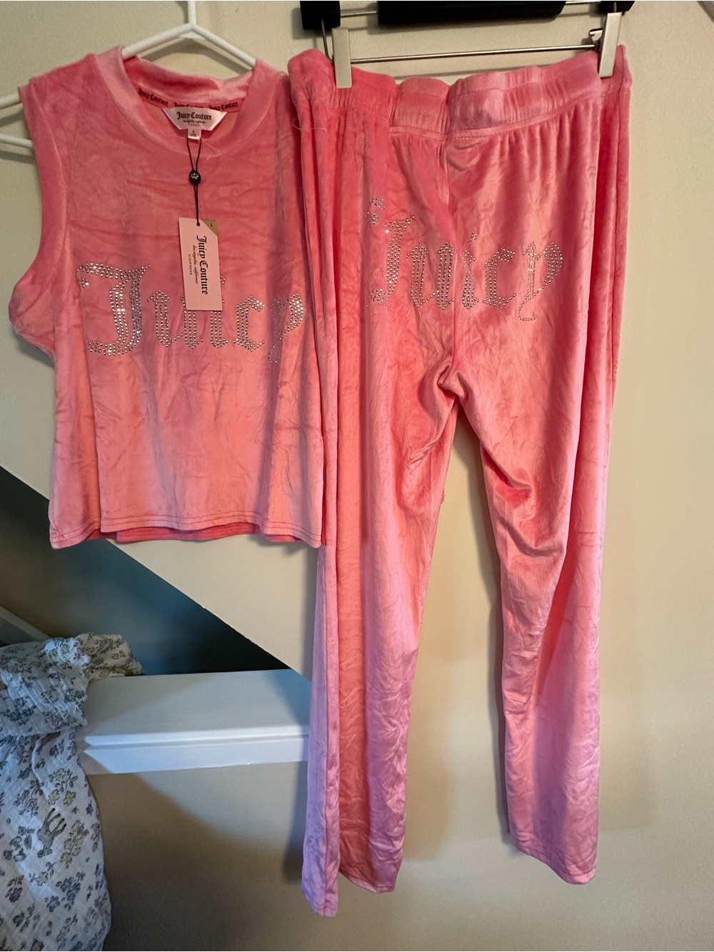 Juicy Couture Pink Velour Rhinestone 'Juicy' Tank & Pants Set